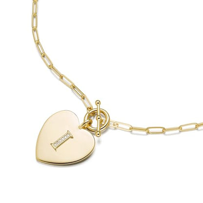 14K Gold Filled Heart Initial Necklace for Women, Dainty Alphabet Pendant Necklace with Paperclip Chain, Hypoallergenic Jewelry Gift for Her - color: Letter I