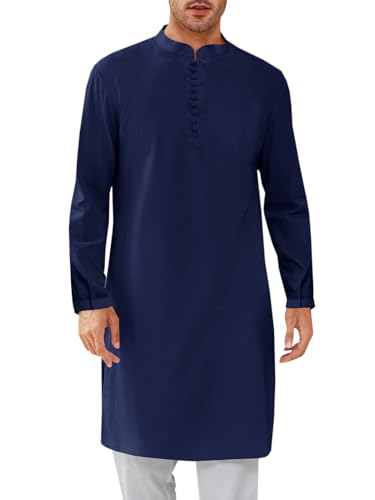 Runcati Mens Kaftan Thobe Button Down Henley Shirts Robe Long Sleeve Casual Cotton Linen Muslim Gown Shirt - color: Navy, size: Large