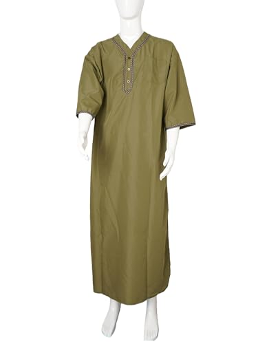 Mens Kaftan Thobe V-Neck Half Sleeve Muslim Robe Dubai Long Gown Saudi Arab Thobe Robes for Summer Beach - color: Green, size: Large