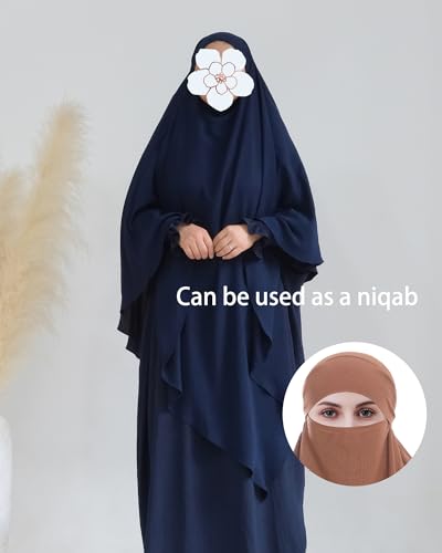 Muslim Prayer Abaya Islamic Women's Khimar Pure Color Hijab Dress Long Sleeve Dubai Kaftan - color: Darkbluehijab