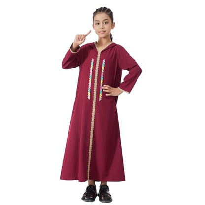 Kids Girls Abaya Muslim Long Sleeve Hooded Lace Embroidered Prayer Dress Arabic Kaftan Dubai Islamic Dresses - color: Wine Red Hoodies, size: 5-6 Years