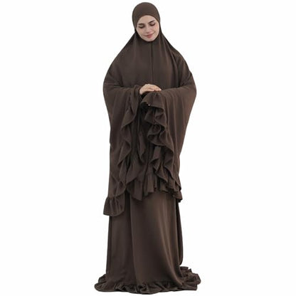 2PCS Women Muslim Prayer Abaya Dress Ruffle Trim Side Pockets with Khimar - color: Coffee, size: Large