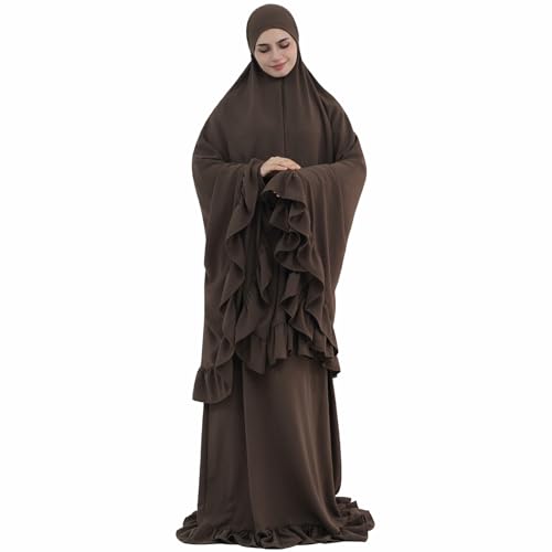 2PCS Women Muslim Prayer Abaya Dress Ruffle Trim Side Pockets with Khimar - color: Coffee, size: Large