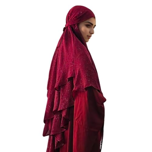 SIQITECHNO Womens Muslim Long Khimar Hijab Scarf Chiffon Sparkling Islamic Arabian Khimar Niqab Ramadan Eid Prayer Scarf Wrap - color: Maroon