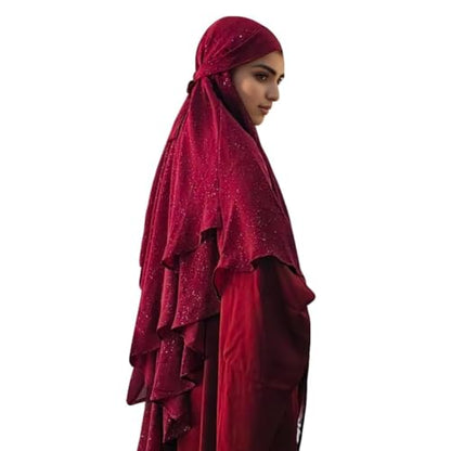 SIQITECHNO Womens Muslim Long Khimar Hijab Scarf Chiffon Sparkling Islamic Arabian Khimar Niqab Ramadan Eid Prayer Scarf Wrap - color: Maroon