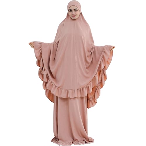 2PCS Abayas for Women Muslim Dress Ruffled Hem Modest Prayer Robe Full Coverage Modest Jilbab Set - color: Pink, size: Medium