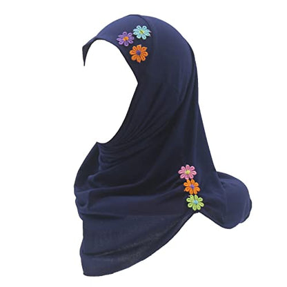 Girls Instant Hijab – Soft Kids Muslim Scarf with Flower, Breathable One-Piece Headscarf for Toddlers Age 2-8 - color: Navy