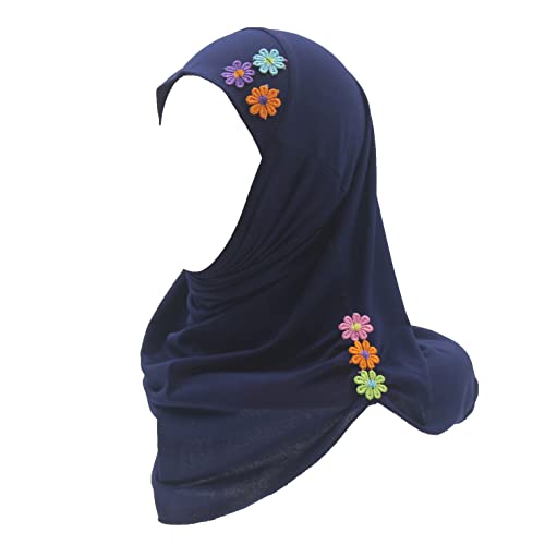 Girls Instant Hijab – Soft Kids Muslim Scarf with Flower, Breathable One-Piece Headscarf for Toddlers Age 2-8 - color: Navy