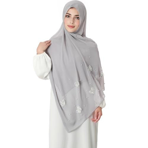 Muslim Prayer Hijab for Women Lightweight Pearl Chiffon Scarfs 3-D Butterfly Embroidery with Glitters Beads Islamic Hijab - color: Light Gray