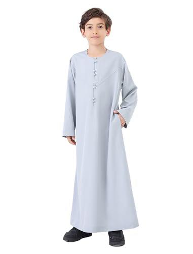 IDOPIP Muslim Thobe for Boys Kids Long Sleeve Islamic Arabic Kaftan Robe Middle East Dubai Prayer Dress Clothes with Pockets - color: Gray, size: 10-11 Years