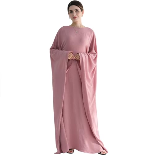 Muslim Abaya Dress Women Middle East Arabian Prayer Robe Batwing Maxi Kaftan Abaya Dress with Hijab - color: Pink