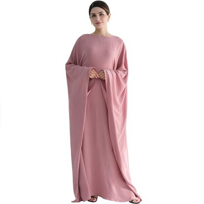 Muslim Abaya Dress Women Middle East Arabian Prayer Robe Batwing Maxi Kaftan Abaya Dress with Hijab - color: Pink