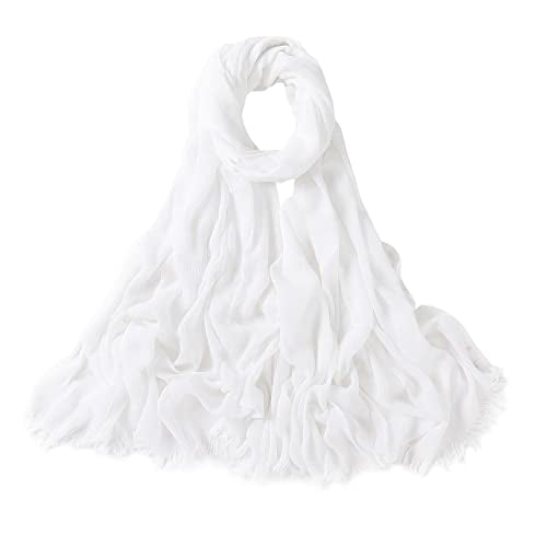 Txameru Hijab Scarf for Women - Muslim Rayon Crinkle With Fringe Edge - color: White