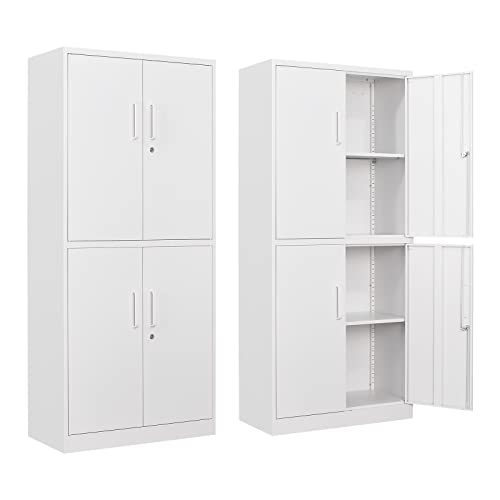 Metal Storage Locking Cabinet with 4 Doors and 2 Adjustable Shelves,71" Lockable Garage Tall Steel Cabinet,for Home Office,Living Room,Pantry,Gym,Commercial Storage (White) - color: White, size: 4 Door - 71"H