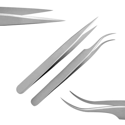 Splinter Forceps - Fine Point - Tweezers Stainless Steel Straight & Curved (Set of 8 Pcs W Magnifying Glass) - size: Set of 8 Pcs W Magnifying Glass
