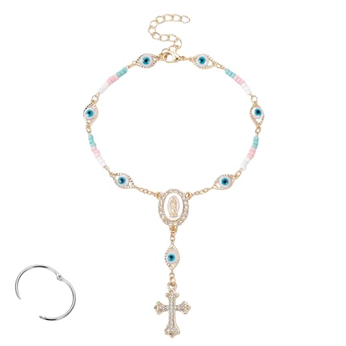 Car Rosary for Rearview Mirror, Evil Eye Pendant Car Interior Rear View Mirror Charm Auto Decors, Cross Personalized Hanging Accessories for Women Men (Golden-A) - size: Golden-A