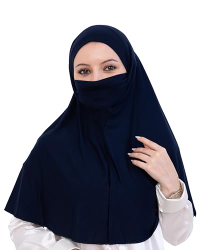 Prien Easy To Wear Hijab For Women, Muslim Instant Turban With Niqab, Islamic Clothes, Soft Scarf For Prayer, Abaya, Khimar - color: Navy Blue