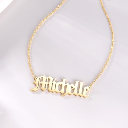 TinyName Custom Name Necklace Personalized 18K Gold Plated Nameplate Customized Jewelry Gift for Women - color: Old English Necklace