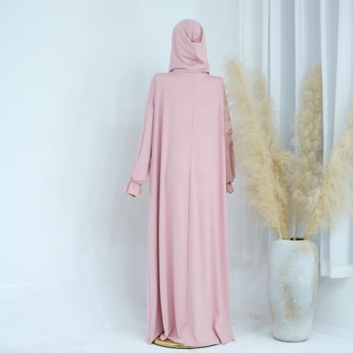 Muslim Dress for Women Pakistani Kaftan Abaya Robe Arabic Islamic Prayer Clothes Dubai Outfits - color: Pink