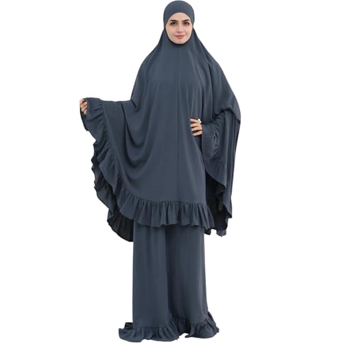 2PCS Abayas for Women Muslim Dress Ruffled Hem Modest Prayer Robe Full Coverage Modest Jilbab Set - color: Dark Gray, size: Medium