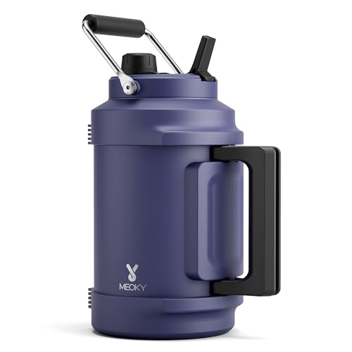 1 Gallon Insulated Water Bottle for Sports: Meoky 128 oz Triple Wall Vacuum Stainless Steel Water Jug - Top and Side Handles, Cold for 48 Hrs, 2-in-1 Straw and Spout Lid, Leak Proof for Hiking (Navy) - color: Navy, size: 128 Ounces