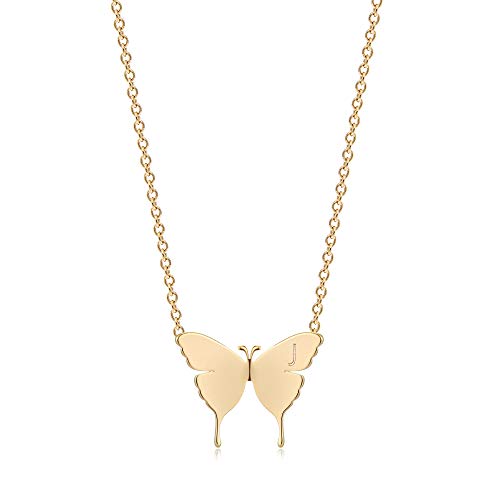 MEVECCO Dainty Polished Butterfly Initial Necklace for Women - style: J