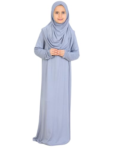 Prien Kids Muslim Prayer Dress With Hijab & Pouch, Soft Viscose Abaya For Girls, Islamic Clothes, Robe For Eid, Ramadan - color: Grey