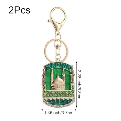 2 Pcs Sparkling Rhinestone Medina Mosque Keychain Purse Charm Islamic Keyring Pendant for Purse Bag Accessories