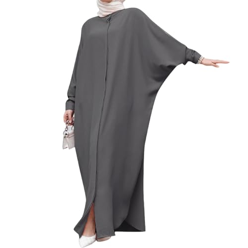 IDOPIP Muslim Dresses for Women Long Sleeve Islamic Ramadan Abaya Dubai Kaftan Robe Loose Casual Modest Arabic Prayer Clothes - color: Dark Gray