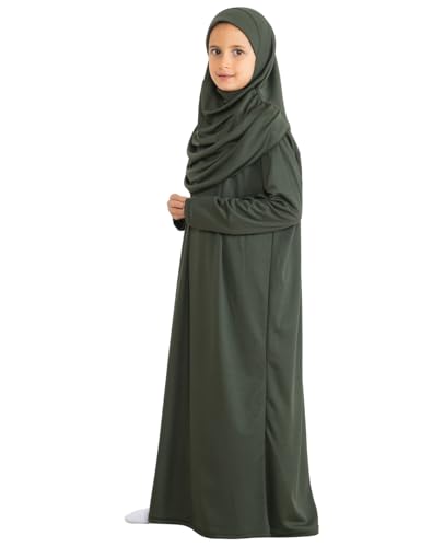 Prien Kids Prayer Dress Muslim Clothes for Girls Long Sleeve Abaya with Hijab Two Piece Maxi Islamic Set Scarf Kaftan Jilbab - color: Khaki