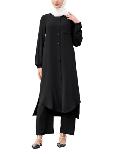 IDOPIP Abaya 여성용 드레스 무슬림 세트 긴소매 시폰 이슬람 드레스 셔츠 바지 포함 2피스 두바이 기도 캐주얼 의류 - color: 블랙., size: L