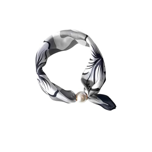 Women’s Silk Pearl magnetic buckle Scarf with Charm Buckle Satin Square Scarf for Neck Retro Floral Print，hair band - color: 01-121