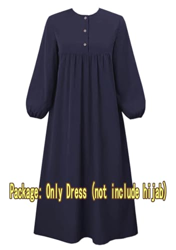 Womens Abaya Muslim Prayer 2 Pockets Long Sleeve Front Button Maxi Dresses Casual Islamic Clothes - color: Blue, size: Medium