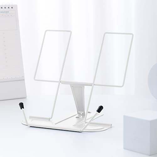 Metal Book Stand for Desk, Adjustable Reading Rest Book Holder, Portable Cookbook Documents Holder, Sturdy Typing Stand for Recipes Textbooks Tablet Music Books with Page Clips (White) - color: White