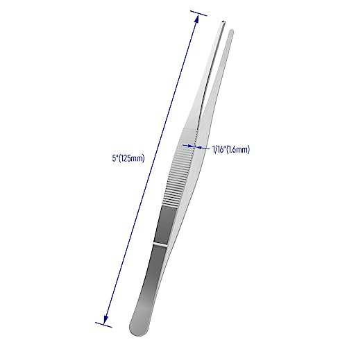 5" Stainless Steel Tweezers, Straight Blunt, 1/16" | Round Serrated Tip, Multipurpose Daily Garden Home Lab Craft Repairing Tool - size: 5"L(1/16"T)