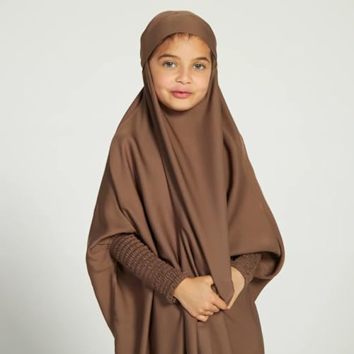 IBTOM CASTLE Girls Muslim Prayer Dress Long Sleeve Full Cover One Piece Hijab for Kids Kaftan Dubai Islamic Abaya Modest Robe - color: Brown, size: 6-7 Years