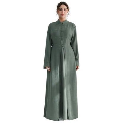 2PCS Women Muslim Abaya Dress Stand Collar Full Coverage Cardigan Dress Set - color: Green, size: Medium