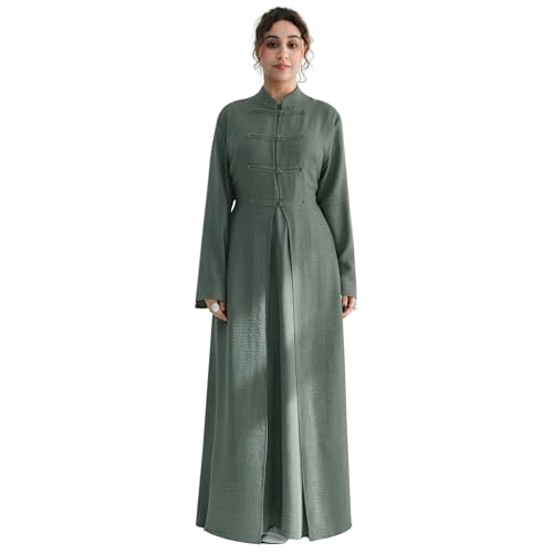 2PCS Women Muslim Abaya Dress Stand Collar Full Coverage Cardigan Dress Set - color: Green, size: Large