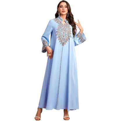 OBEEII Abayas for Women Muslim Applique Embroidery Long Sleeve Maxi Dress Loose Full Cover Islamic Dubai Robe Kaftan Abayas - color: Sky Blue, size: Large
