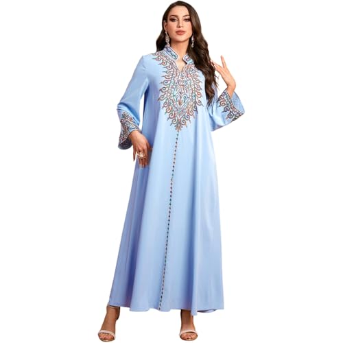 Muslim Abaya Dress for Women Dubai Robe Floral Embroidery Moroccan Kaftan Ramadan Middle East Prayer Islamic Clothing - color: Blue, size: Large
