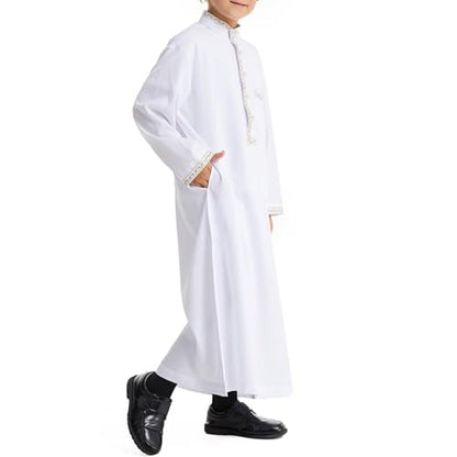 Muslim Thobe for Boys Islamic Thobe Long Sleeve Kaftan Stand Collar Button 𝐑obe Kids Ramadan Eid Outfit Prayer Clothes - color: White, size: 3-4T
