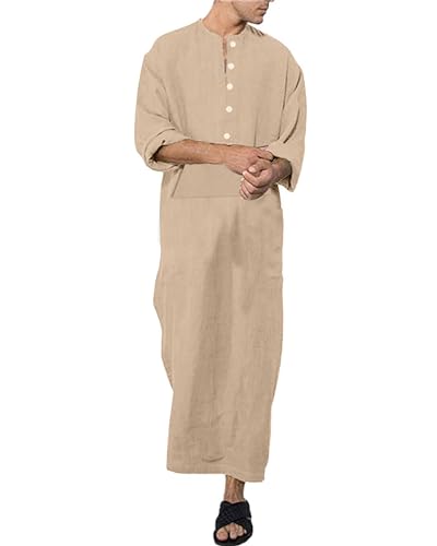 Jacansi Men's 65% Cotton 35% Linen Long Sleeve Kaftan, Button Down Ankle Length Thobe with Side Split & Pocket - color: Khaki, size: XX-Large