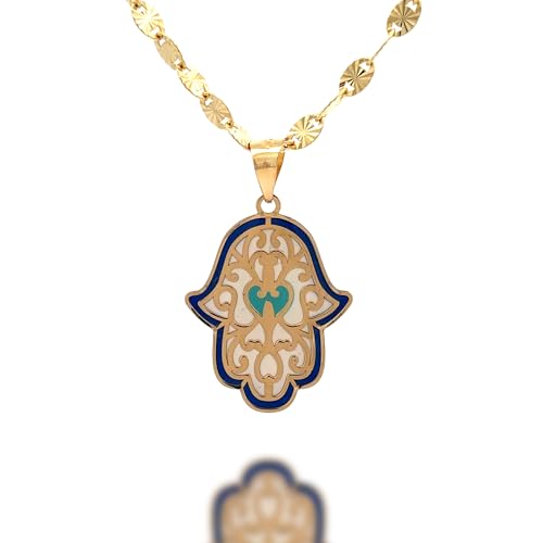 14K Solid Gold Pendant Necklace Hand-Painted Abstract Hamsa Hand and Allah Calligraphy (Evil Eye) - Gift for Men, Women, Daughter, Son, Unisex Adults, Kids - color: Hamsa Hand with Heart Design, style: Pendant w/ Cuban Link 16"