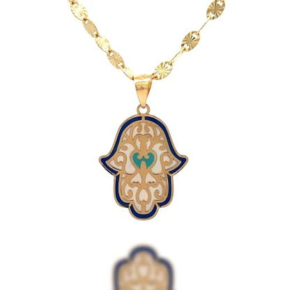 14K Solid Gold Pendant Necklace Hand-Painted Abstract Hamsa Hand and Allah Calligraphy (Evil Eye) - Gift for Men, Women, Daughter, Son, Unisex Adults, Kids - color: Hamsa Hand with Heart Design, style: Only Pendant