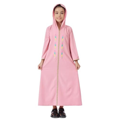Kids Girls Abaya Muslim Long Sleeve Hooded Lace Embroidered Prayer Dress Arabic Kaftan Dubai Islamic Dresses - color: Pink Hoodies, size: 14-15 Years