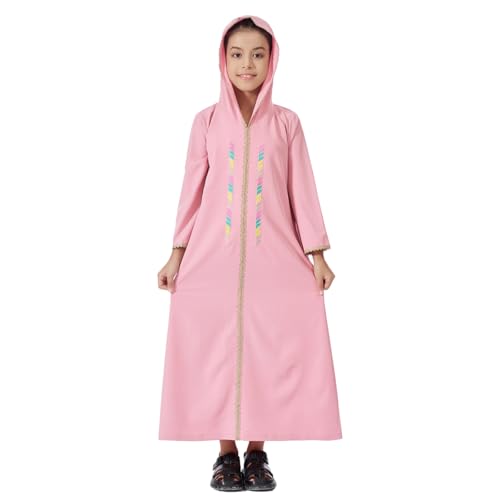 Kids Girls Abaya Muslim Long Sleeve Hooded Lace Embroidered Prayer Dress Arabic Kaftan Dubai Islamic Dresses - color: Pink Hoodies, size: 3-4 Years