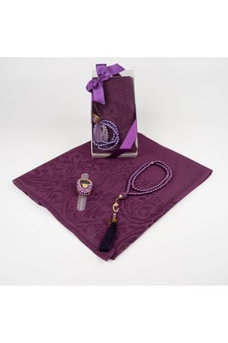 Purple Lace Shawl and Prayer Beads Gift Set with Zikirmatik - Chic Islamic Accessory for Women, Special Boxed Set - Purple, 55x26 inch