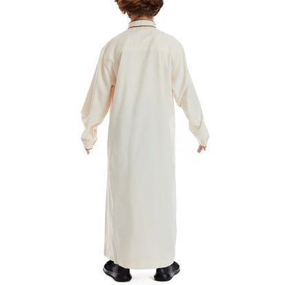Muslim Abaya Islamic Thobe for Boys Long Sleeve Solid Festive Clothes Teen Kids Cozy Ramadan Prayer Thobe with Pocket - color: Beige, size: 13-14 Years