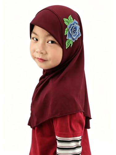 Girls Hijab Scarf Soft Headwrap with Floral Applique, One-Piece for Active Kids, Ideal for School & Daily Wear - color: Wine Red