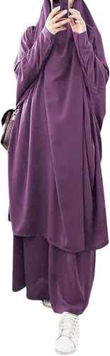 Womens Muslim Abaya Solid Prayer Dress Islamic Maxi Kaftan with Hijab Dubai Full Length 2 Piece Dress - color: 1dark Purple